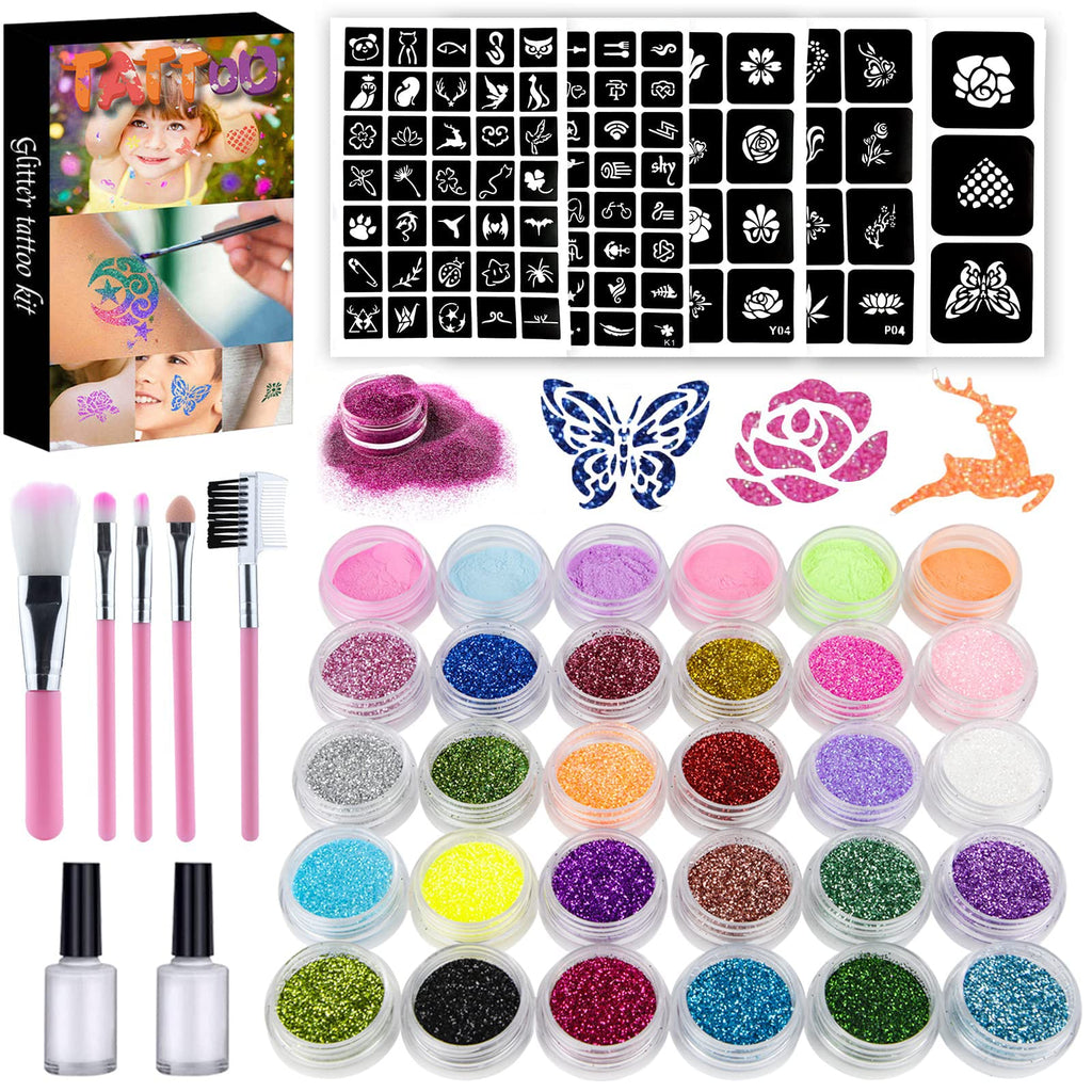 Glitter Temporary Tattoo Kit | 105 Reusable Stencils, 30 Glitter Colours, Body & Nail Art Set