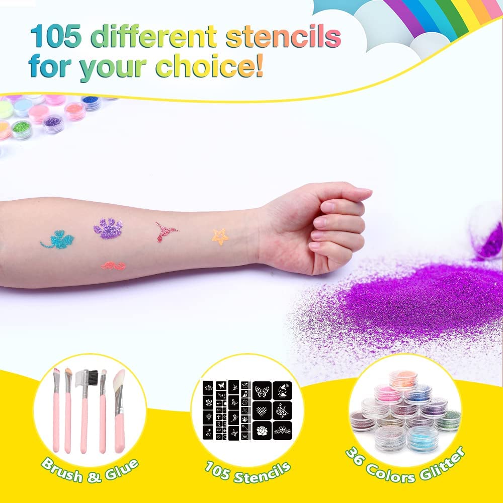 Glitter Temporary Tattoo Kit | 105 Reusable Stencils, 30 Glitter Colours, Body & Nail Art Set
