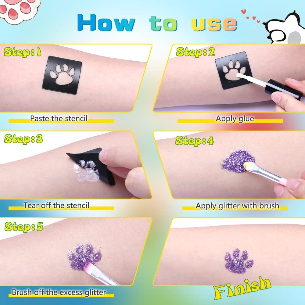 Glitter Temporary Tattoo Kit | 105 Reusable Stencils, 30 Glitter Colours, Body & Nail Art Set